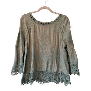 Democracy Womens S Boho Sage Green Embroidered Crochet Lace Trim Bell Sleeve